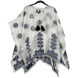 J. Jill Ocean Breeze Tunic Poncho Top One Size White Blue Jacquard Bohemian